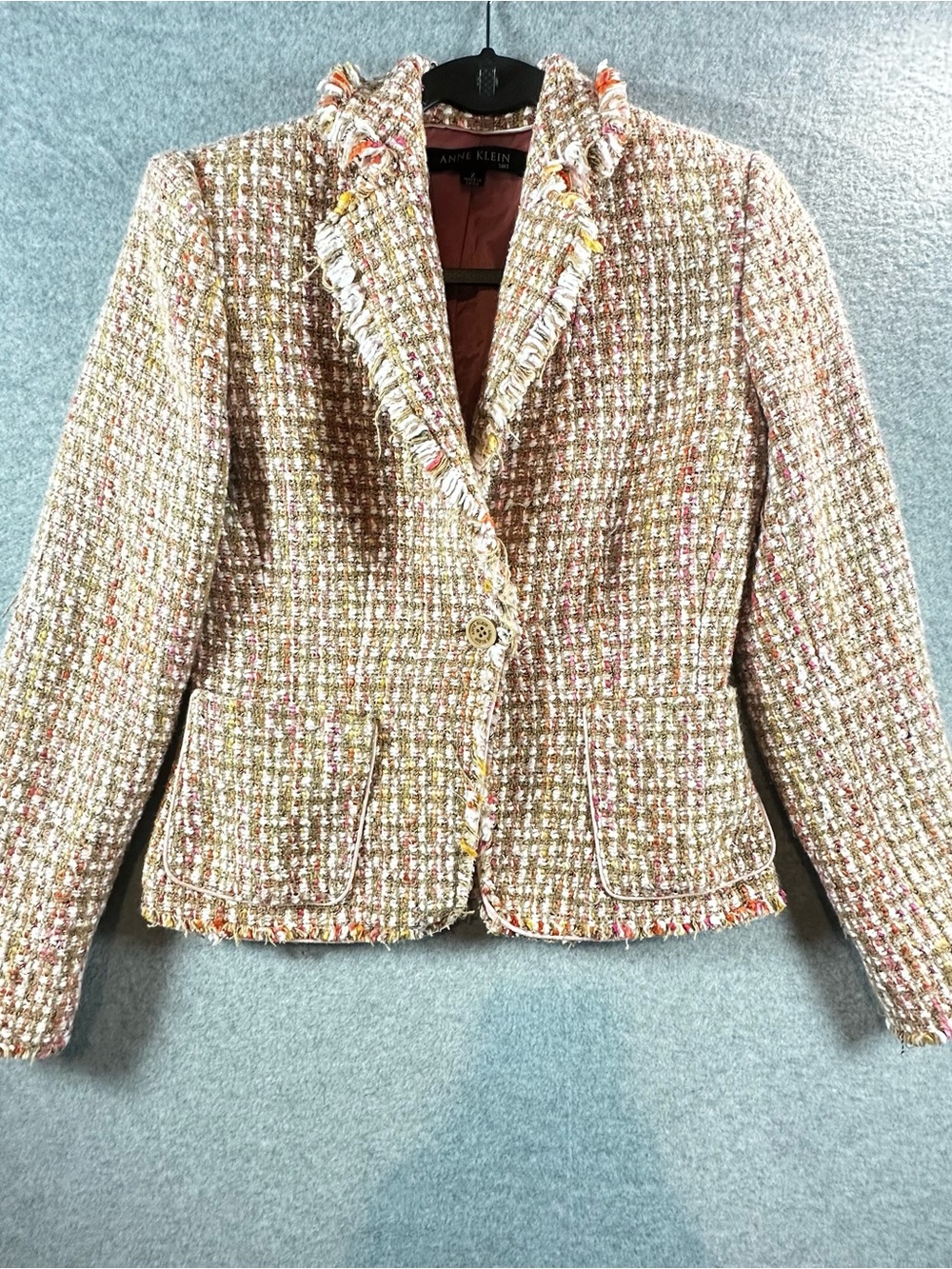 Anne Klein Multicolor Tweed Frayed-Trim Blazer